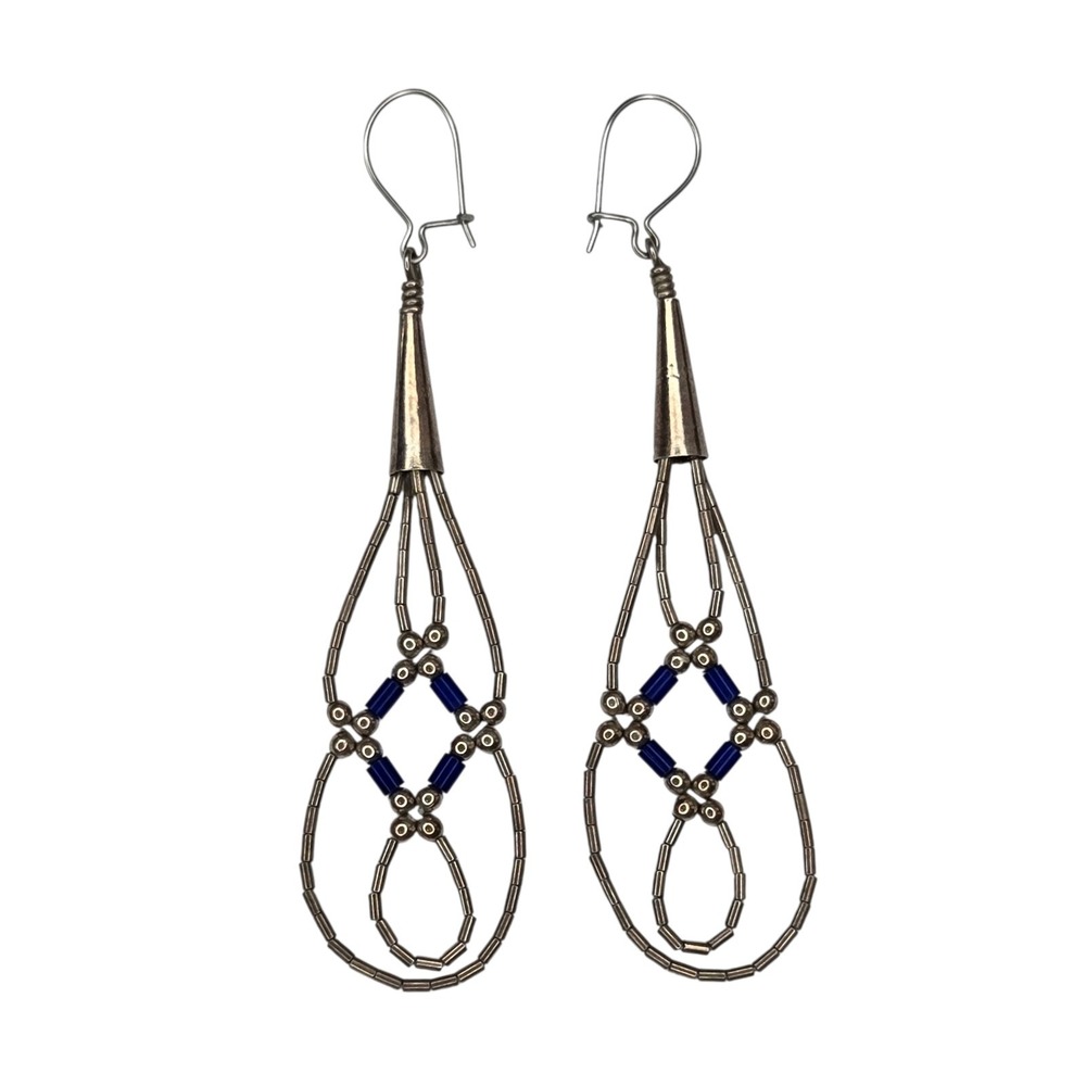Vintage Dangle Earrings Sterling Silver Blue Lapis Lazuli Liquid Silver Bead